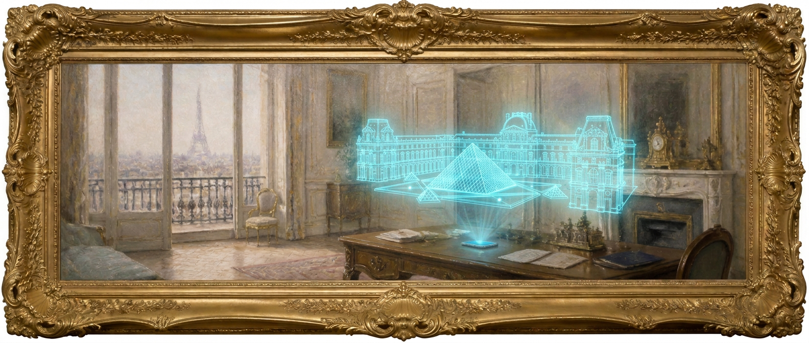 Antique oil painting of a Haussmannian Paris apartment with the Eiffel Tower and a painted phone projecting a violet cloche hologram, in an ornate gilded frame