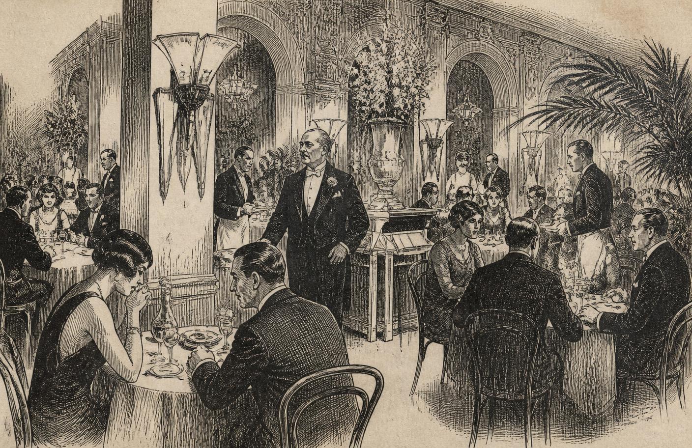 1920s-style engraving of a grand Paris restaurant dining room