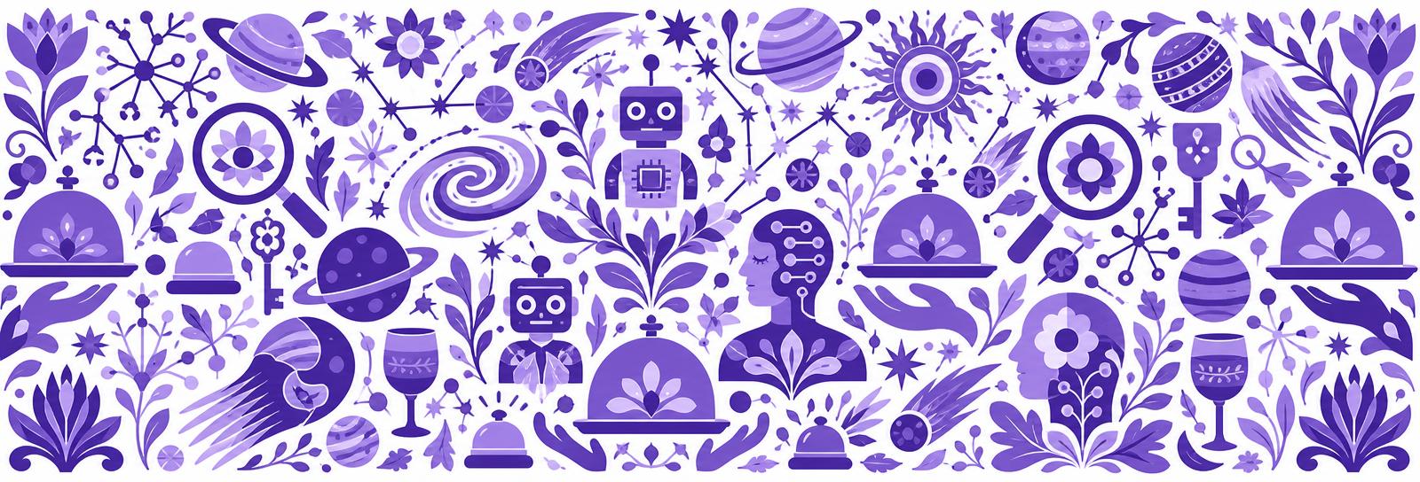 Violet folk-art print — AI, search, universe and hospitality motifs